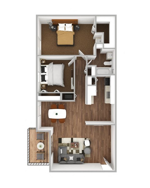 Overhead model of the Parkway Crossing Mitchell Floorplan, with two bedrooms, one bathroom, luxury vinyl tile flooring, a balcony and a living room.